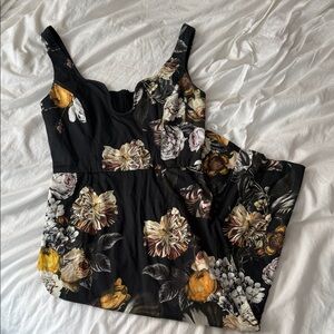 ASOS Black Floral Midi Dress Size 6 Botanical Print Sleeveless Fitted